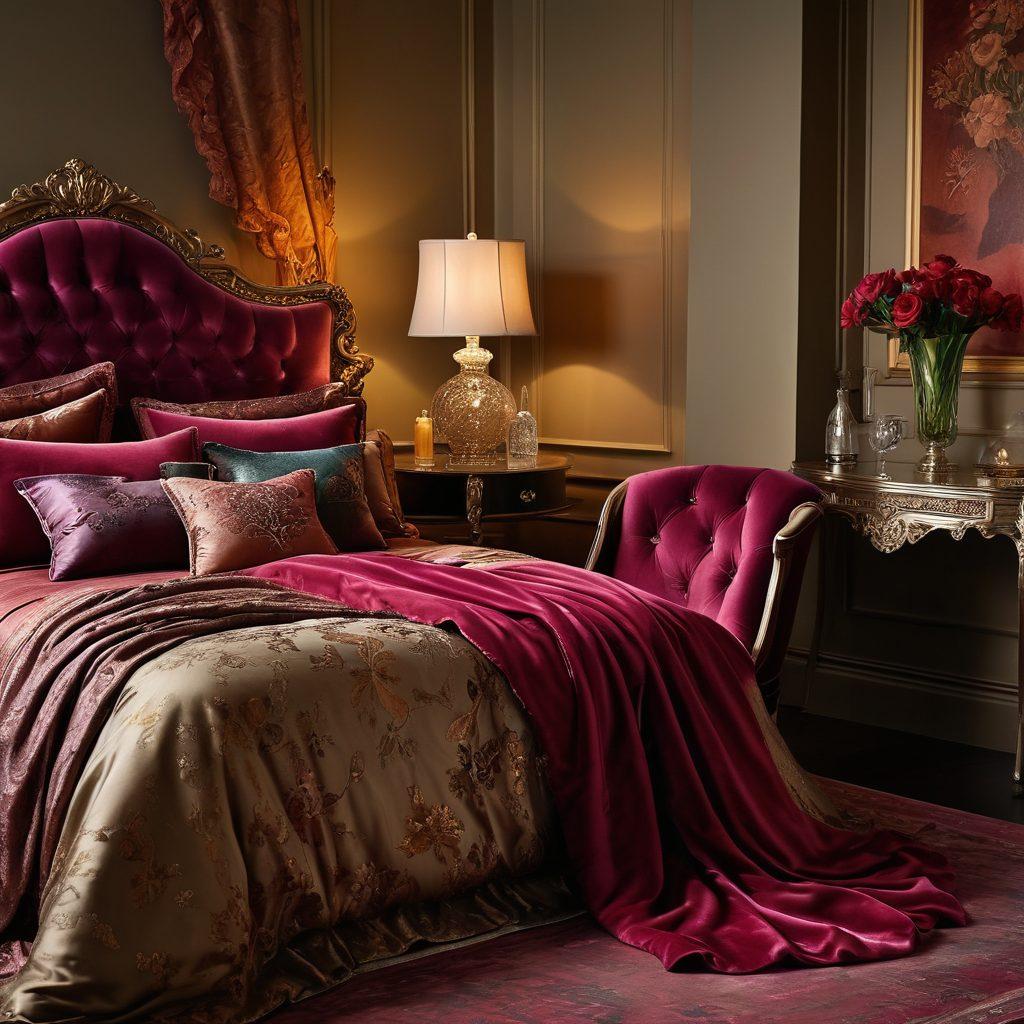 A luxurious bedroom setting adorned with elegantly designed intimate wear displayed on a silk bedspread, featuring rich jewel tones and delicate lace details. Soft, ambient lighting creates a romantic atmosphere, as a plush velvet chair sits in the corner invitingly. Include tasteful accessories like fragrant candles and a crystal decanter to evoke opulence and joy. The overall scene conveys a sense of intimacy and indulgence. super-realistic. vibrant colors. soft lighting.