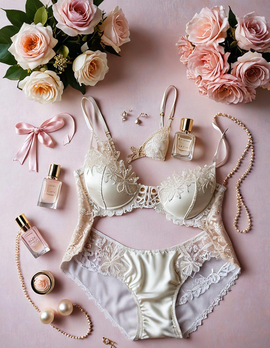 A beautifully arranged display of luxurious lingerie sets in rich fabrics like silk and lace, surrounded by soft, dreamy lighting that enhances the allure. Delicate floral elements and elegant accessories such as perfume bottles and pearls add to the scene, evoking feelings of joy and sophistication. The background features a pastel color palette for a fresh and inviting atmosphere. This composition captures the essence of indulgence and femininity. super-realistic. soft lighting. pastel colors.